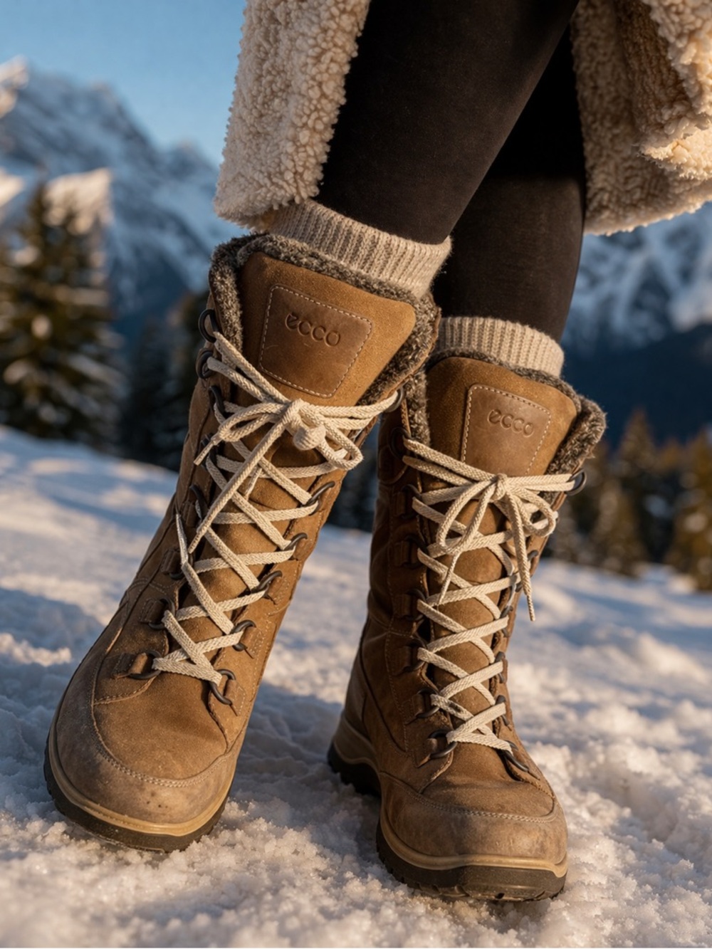 ECCO Tan Leather Lace-Up Winter Boots Fur Lined Waterproof Hiking Size 40 - Picture 2 of 4